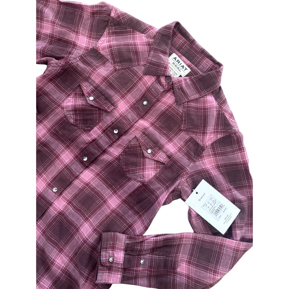 Ariat Girls Plaid Snap Front Long Sleeve Shirt Lucky SNP Clove‎ Brown Youth L 12